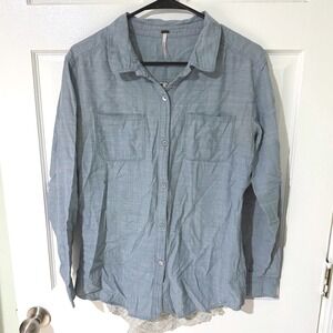 Free People Chambray Button Down Shirt Lace Back Blue Long Sleeve Medium